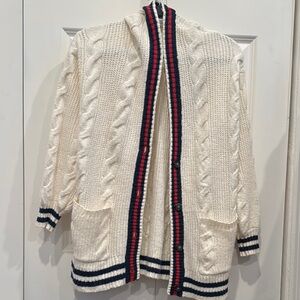 Cable Knit Cardigan with Striped Trim